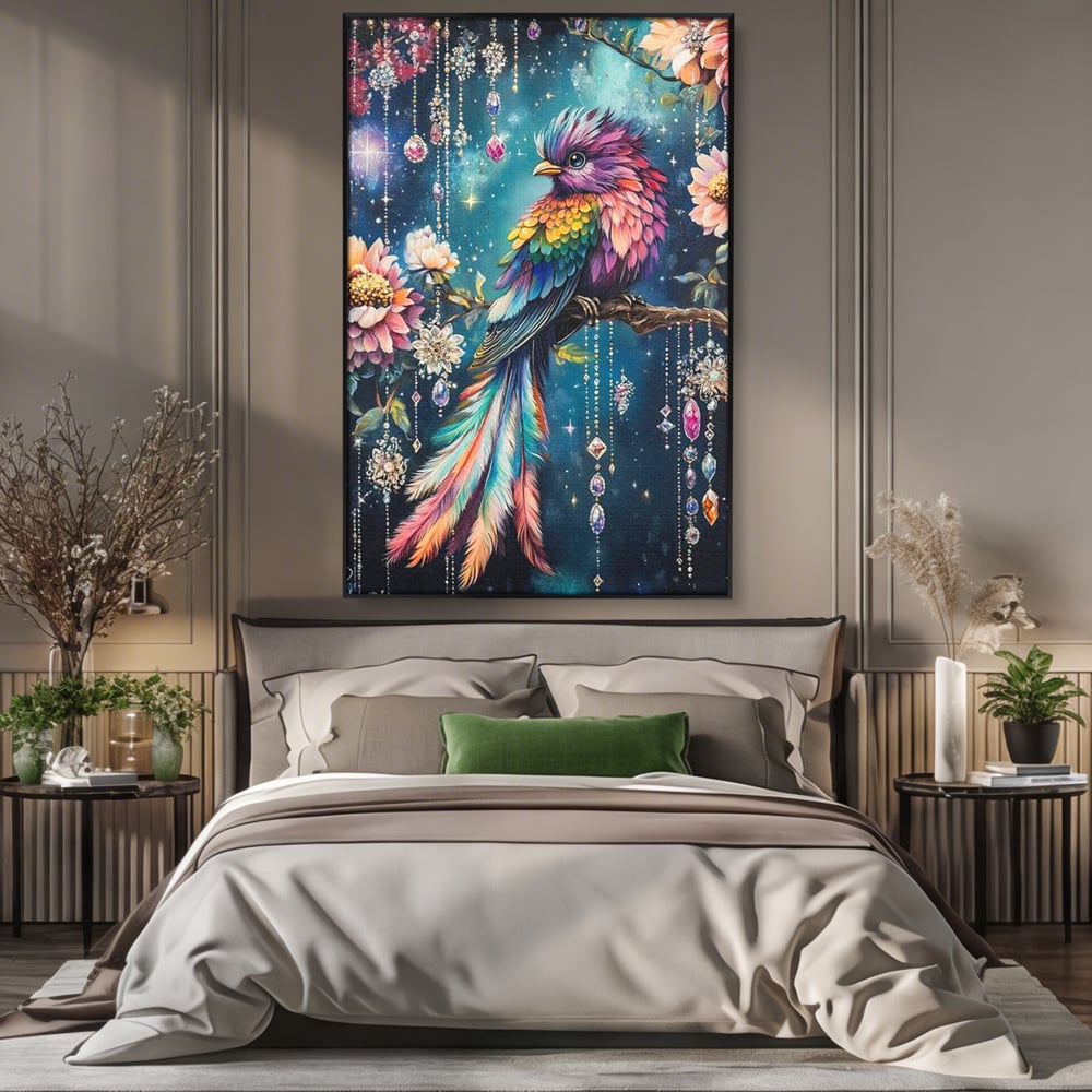 Tablou canvas cu tablou canvas cu pasare colorata si cristale, in rama de aluminiu negru, pe perete intr-un dormitor